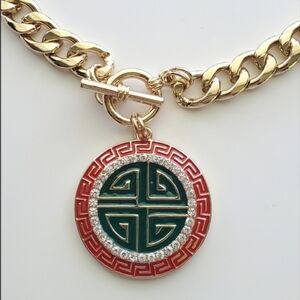Cuban Link Necklace - Greek Key Design with Medallion